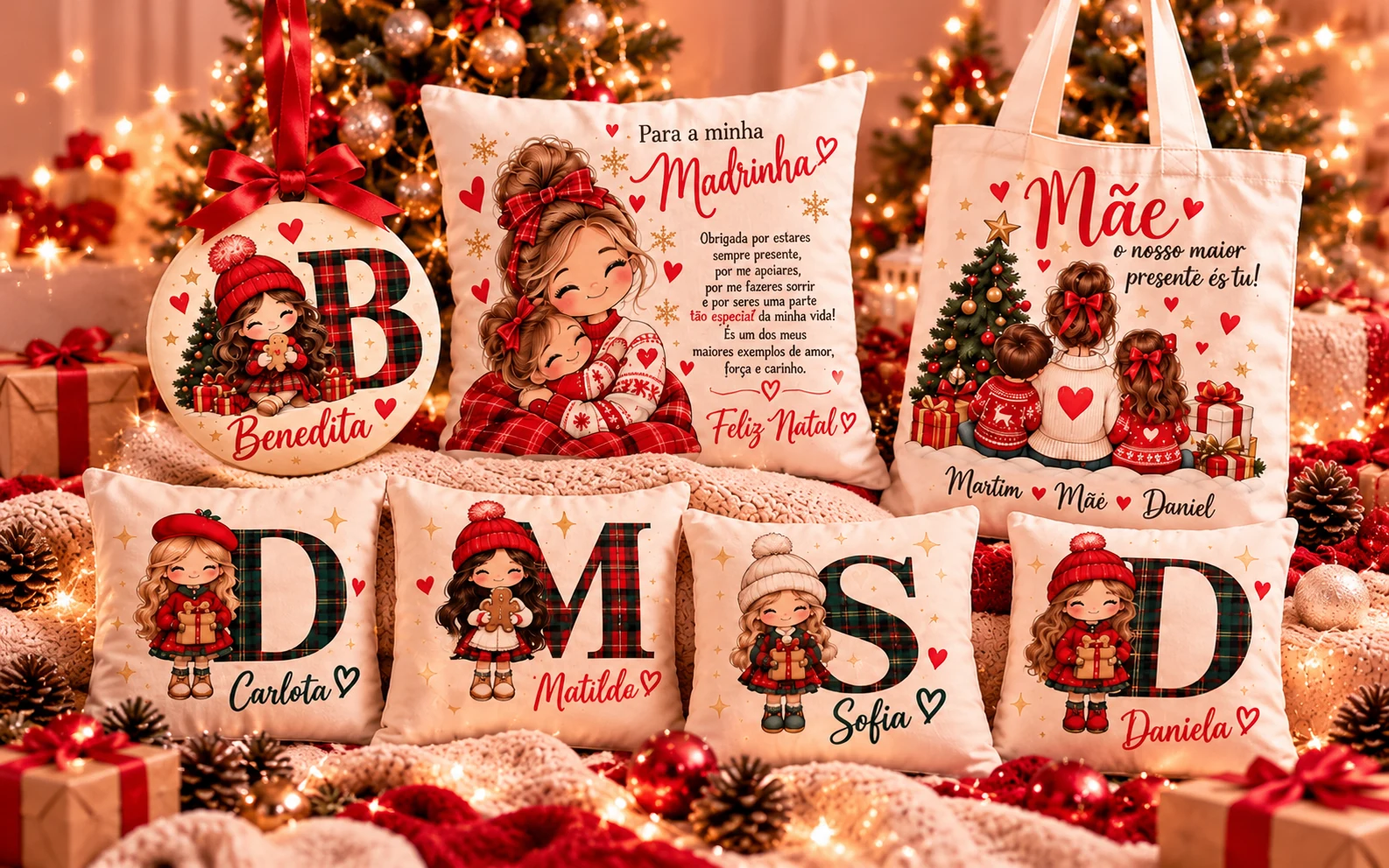 Presentes personalizados de Natal: almofadas, saco e decoração